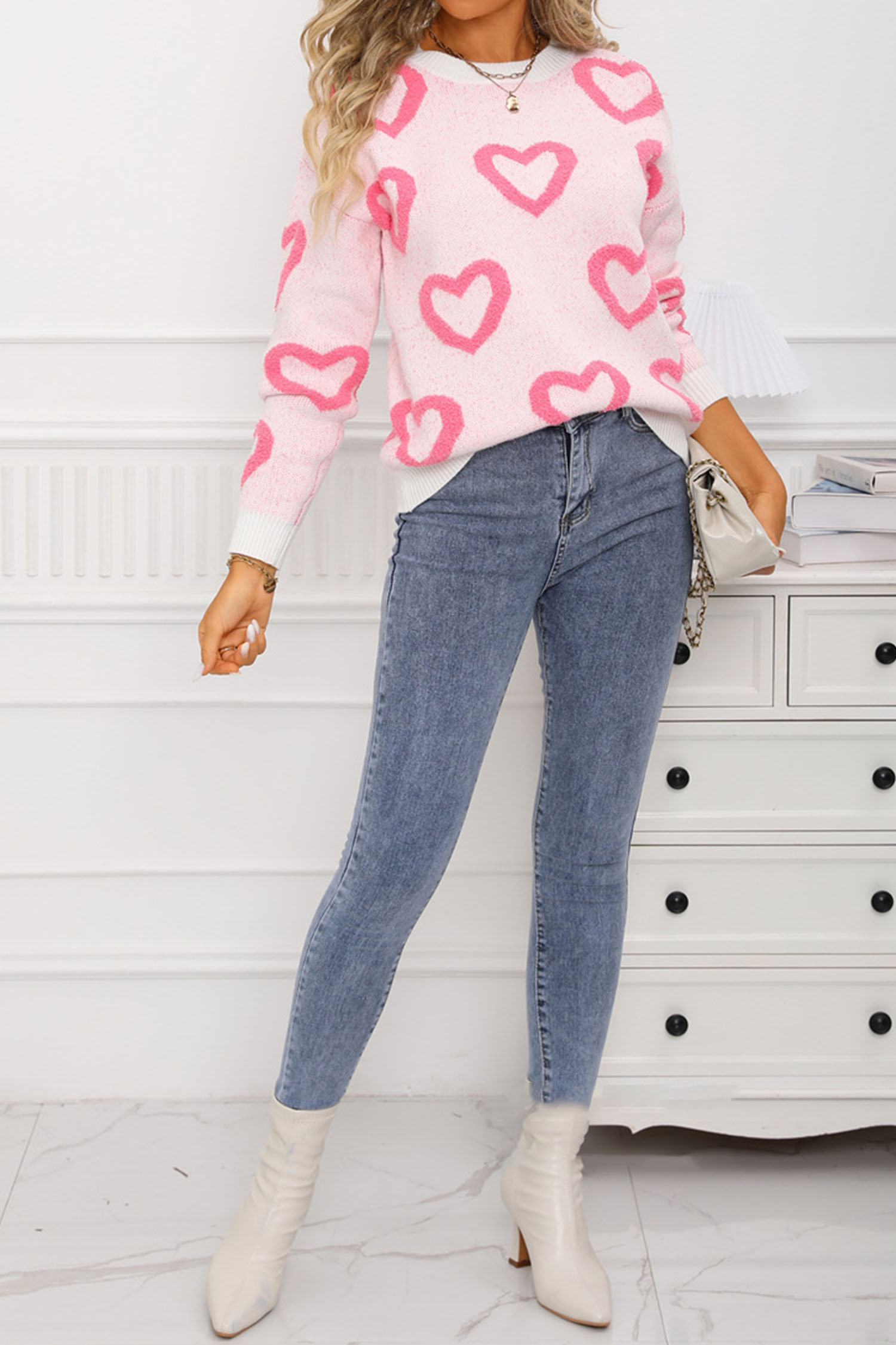 White Chenille Heart Print Valentines Day Sweater - loveforevers