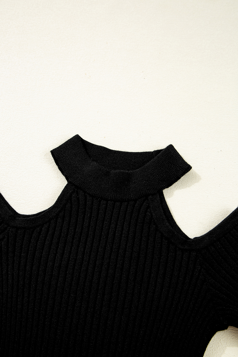Black Ribbed Knit Cold Shoulder Choker Neck Sweater - loveforevers
