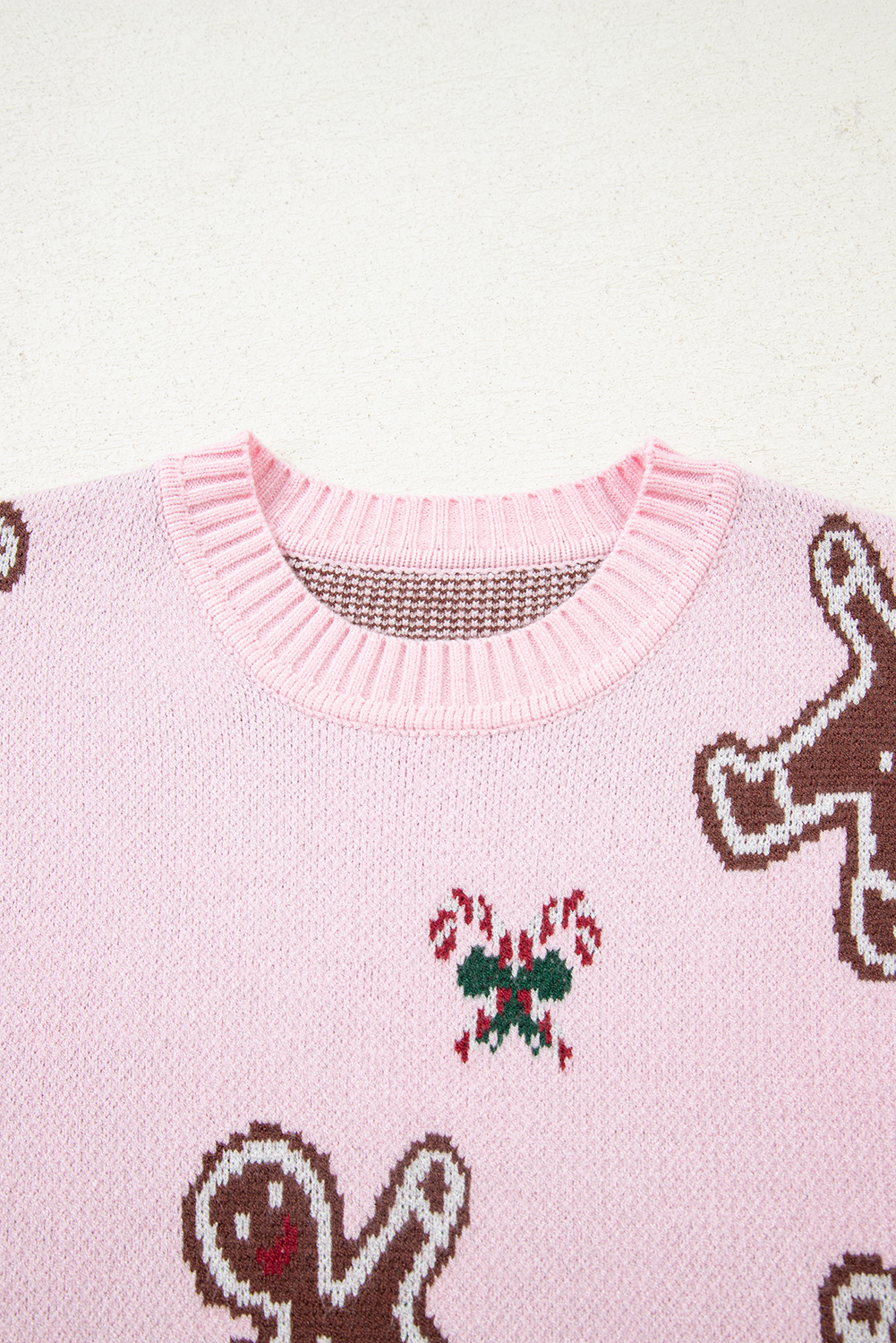 Pink Christmas Ginger Bread Man Print Round Neck Casual Sweater - loveforevers