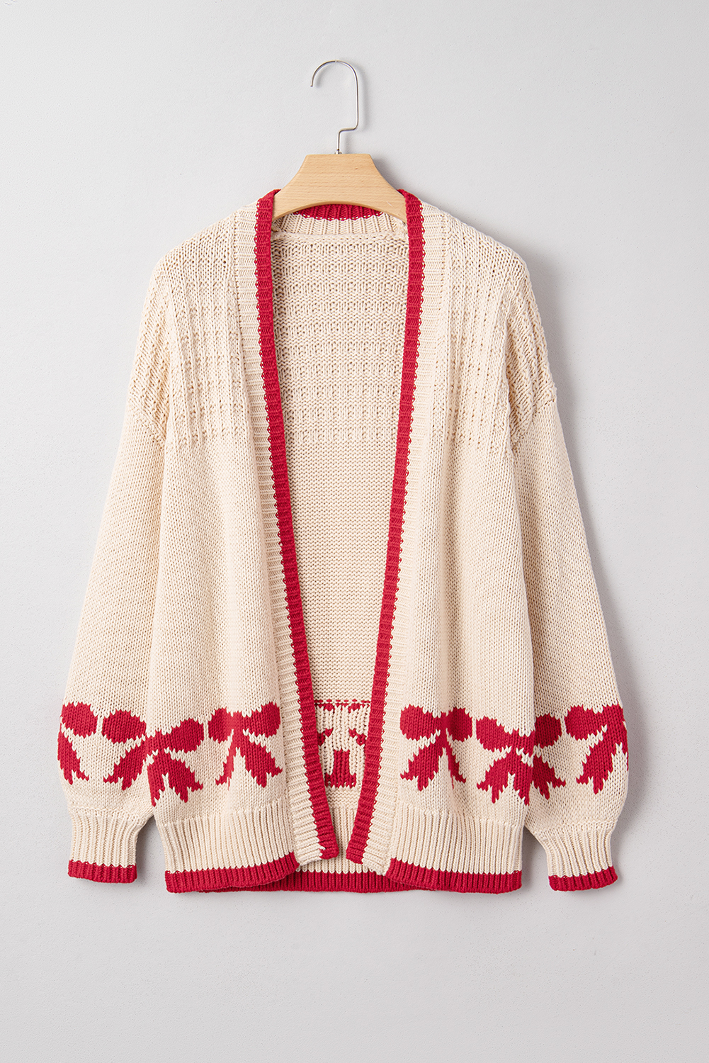 Apricot Bow Pattern Textured Open Front Baggy Cardigan - loveforevers
