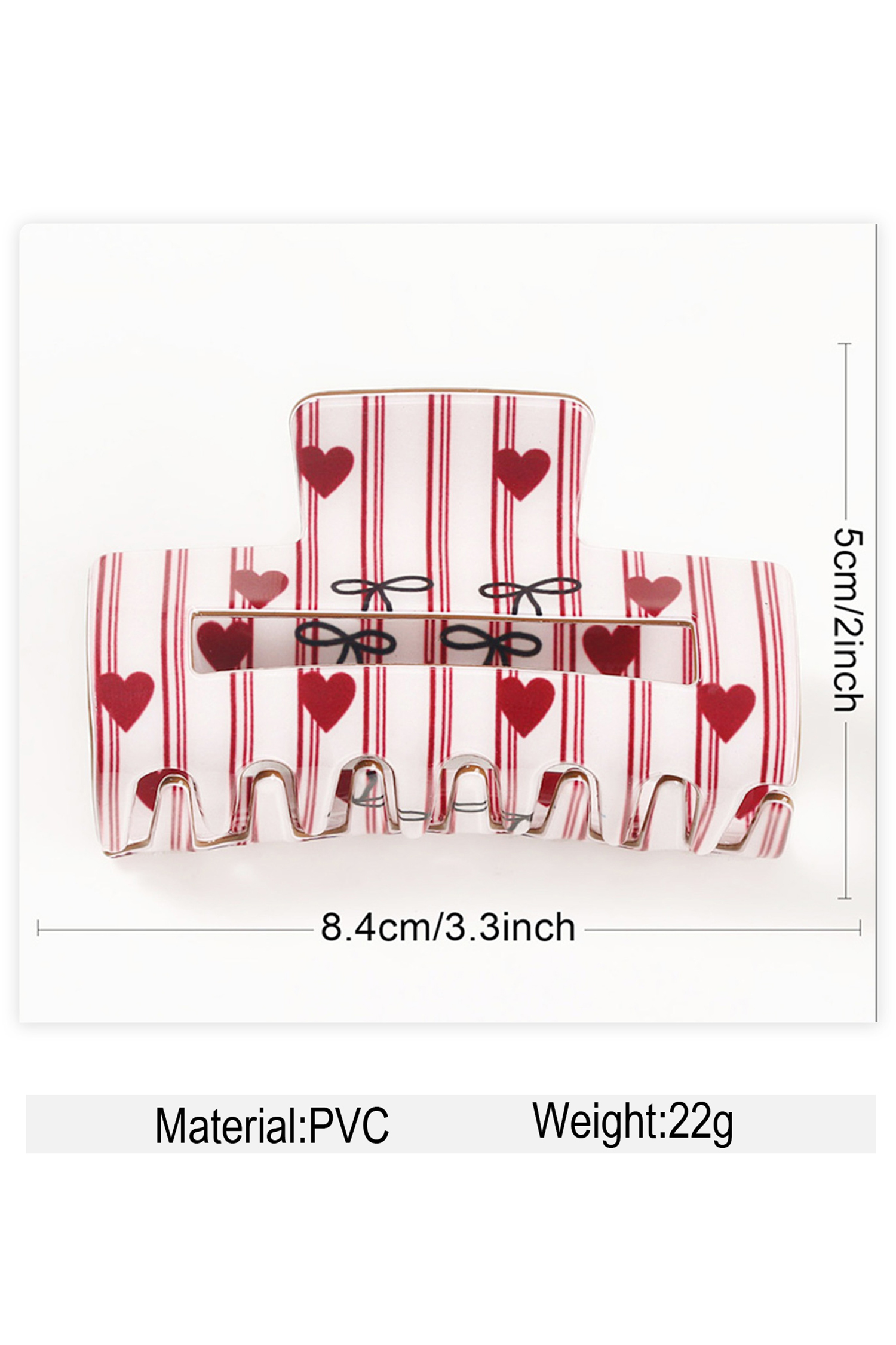 Fiery Red Striped Heart Contrast Bow Printed Rectangle Hair Claw Clip - loveforevers