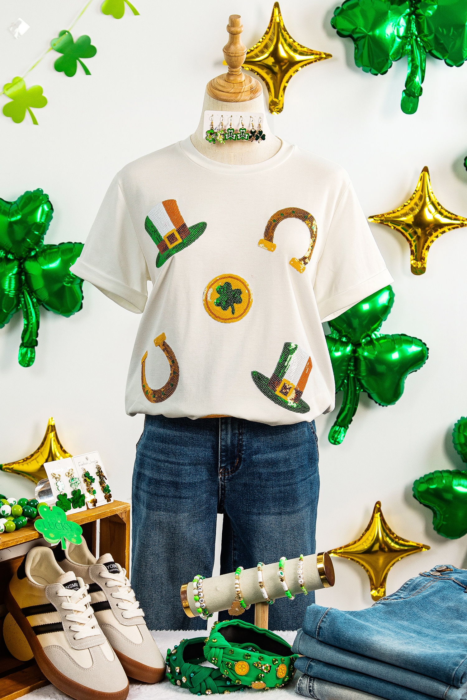 White St Patricks Day Sequin Graphic Casual T Shirt - loveforevers