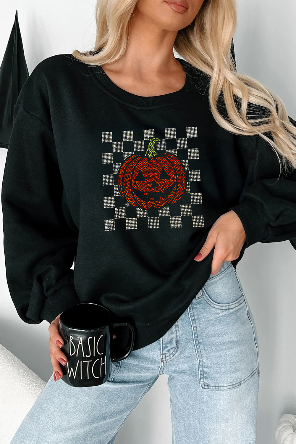 Black Rhinestone Jack-o-lantern Checkered Graphic Halloween Sweatshirt - loveforevers