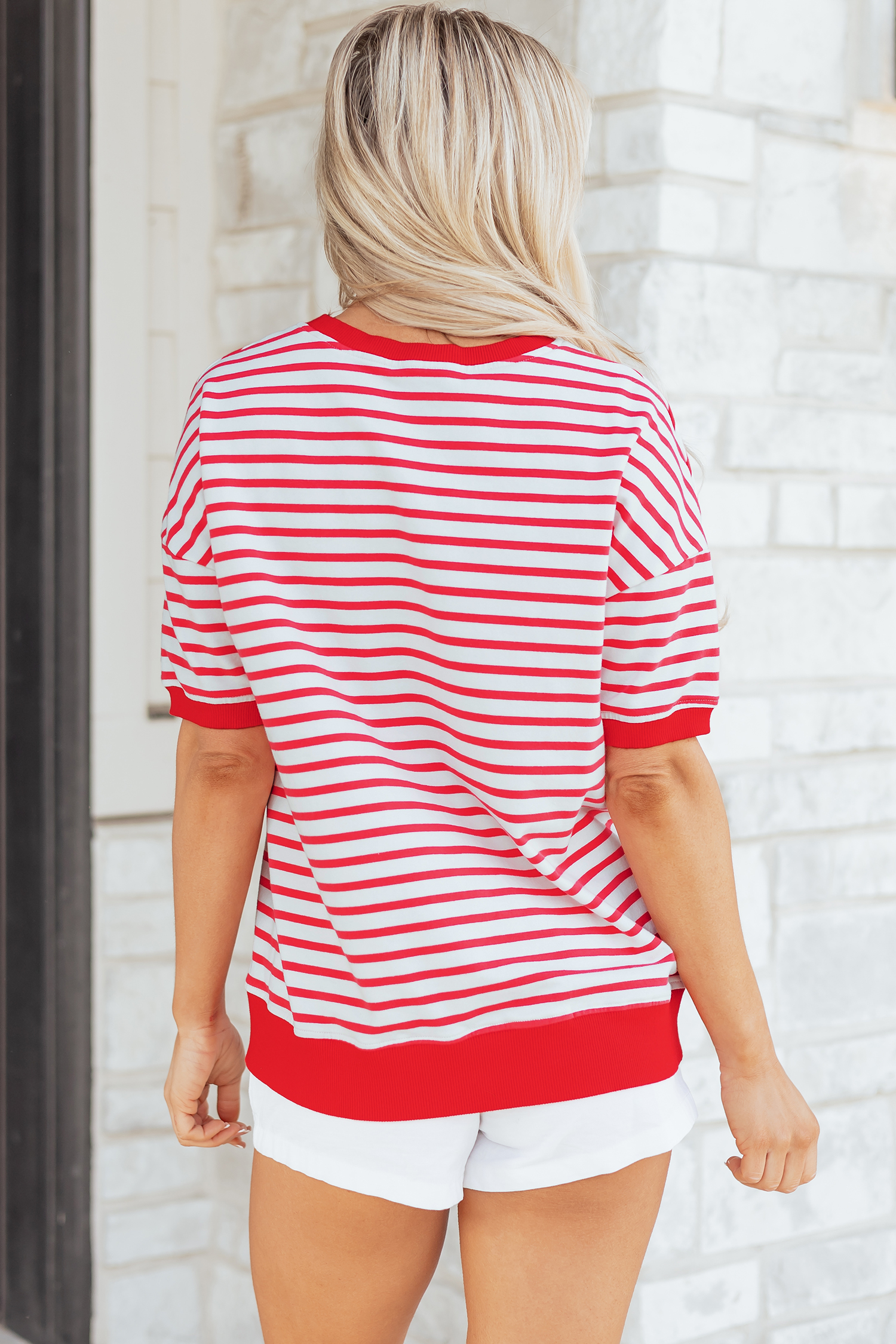 Red Stripe Drop Shoulder Half Sleeve T Shirt - loveforevers