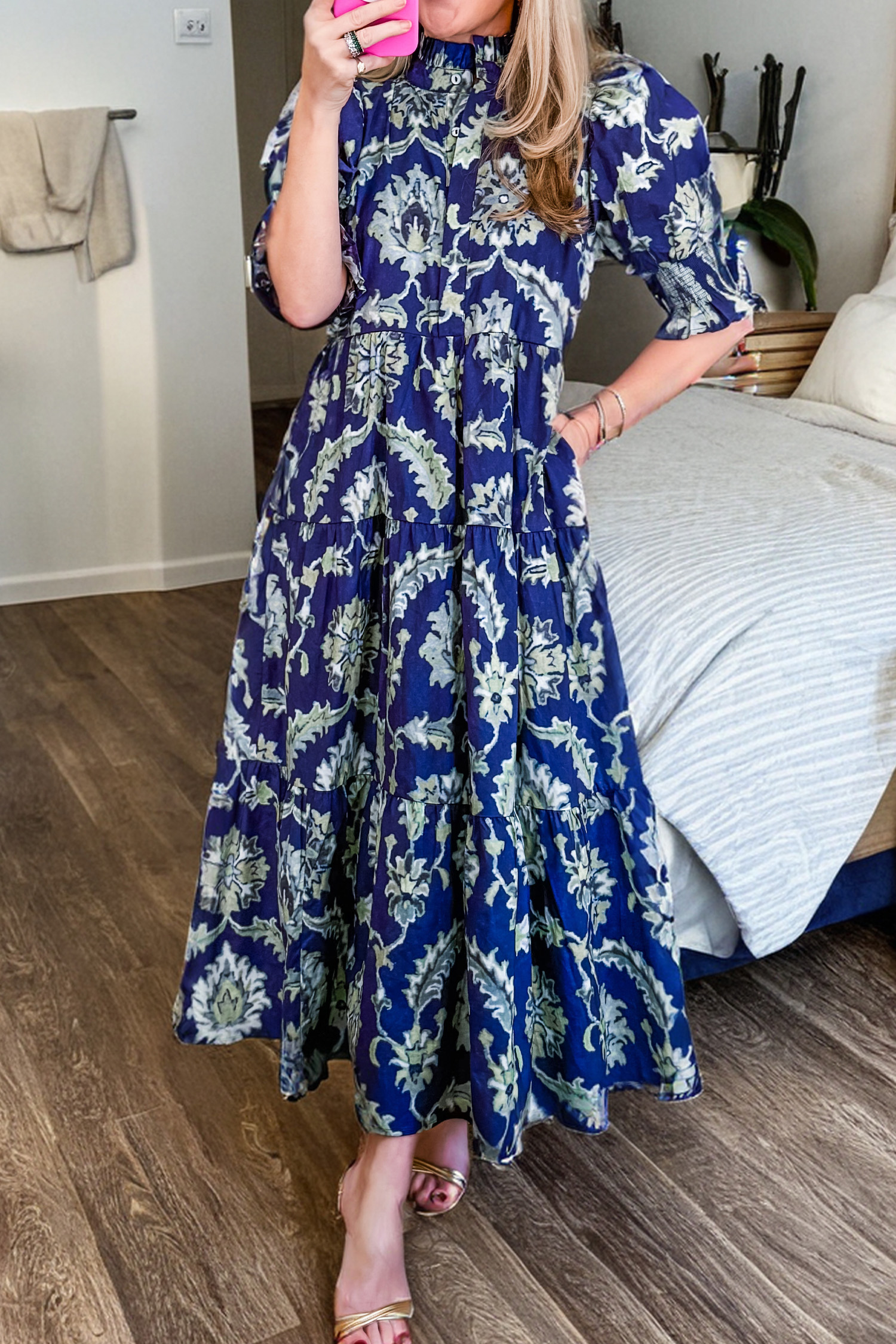 Blue Wild Floral Print Frilled Collar Half Sleeve Long Dress - loveforevers