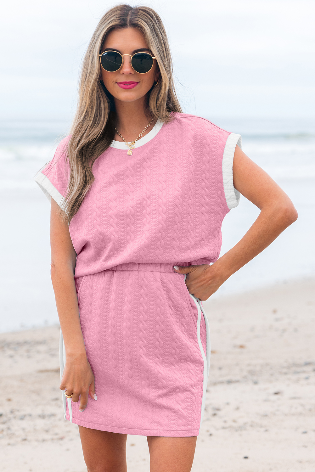 Beau Blue Contrast Trim Textured Crewneck Tee and Pocketed Skirt Set - loveforevers