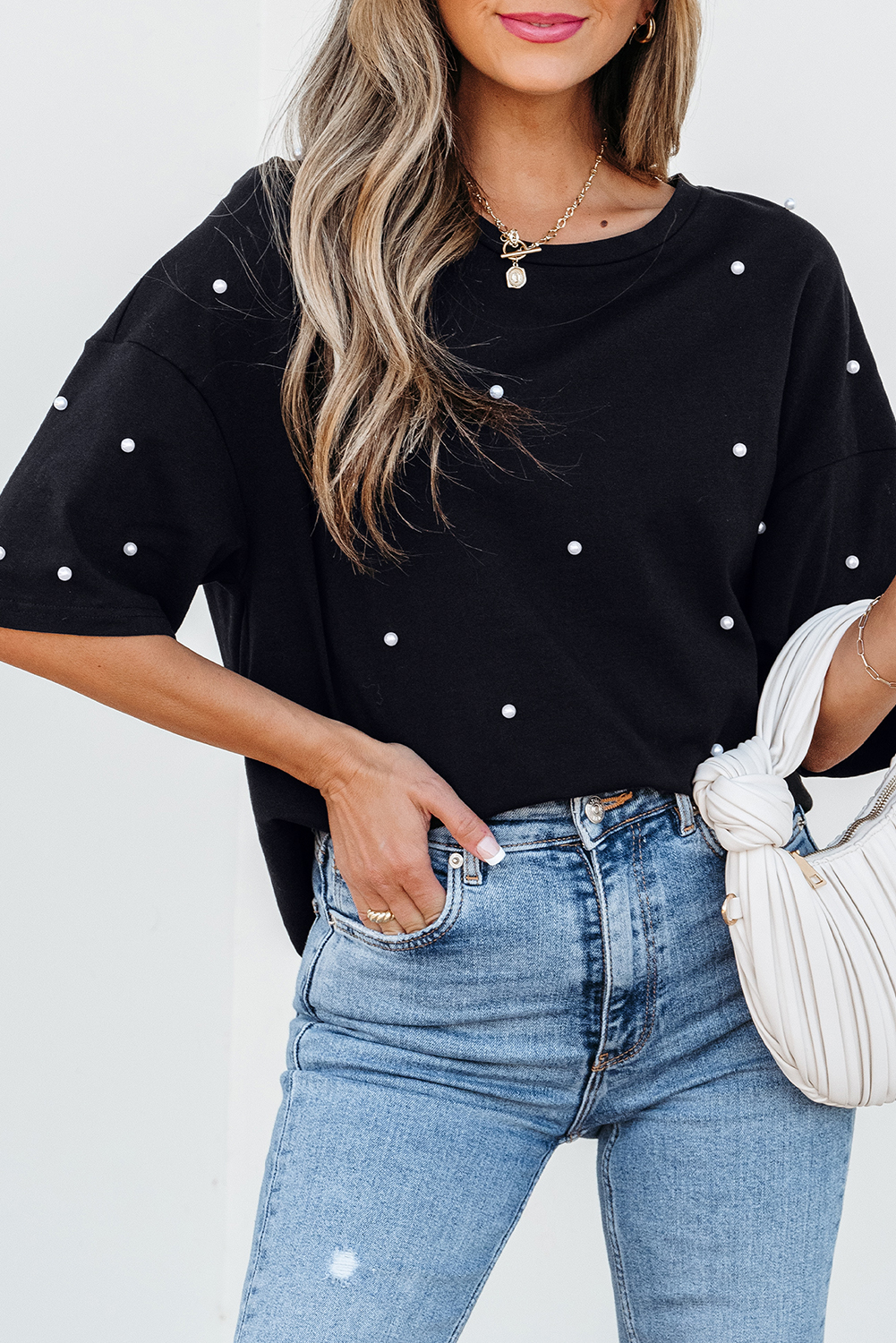 Black Pearl Beaded  Drop Shoulder Crewneck T Shirt - loveforevers