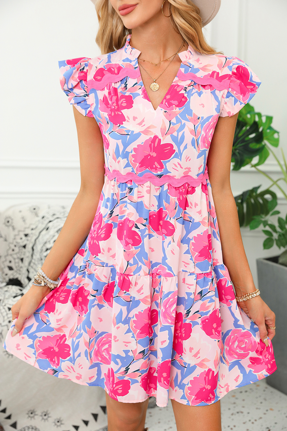 Pink Floral Printed V Notched Ric Rac Flutter Sleeve Dress - loveforevers