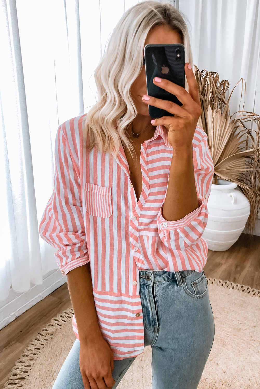 Pink Stripe Buttoned Long Sleeve Casual Shirt - loveforevers