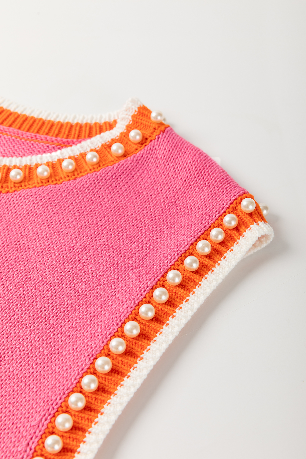 Bright Pink Contrast Trim Pearl Detail Sweater Tank Top - loveforevers