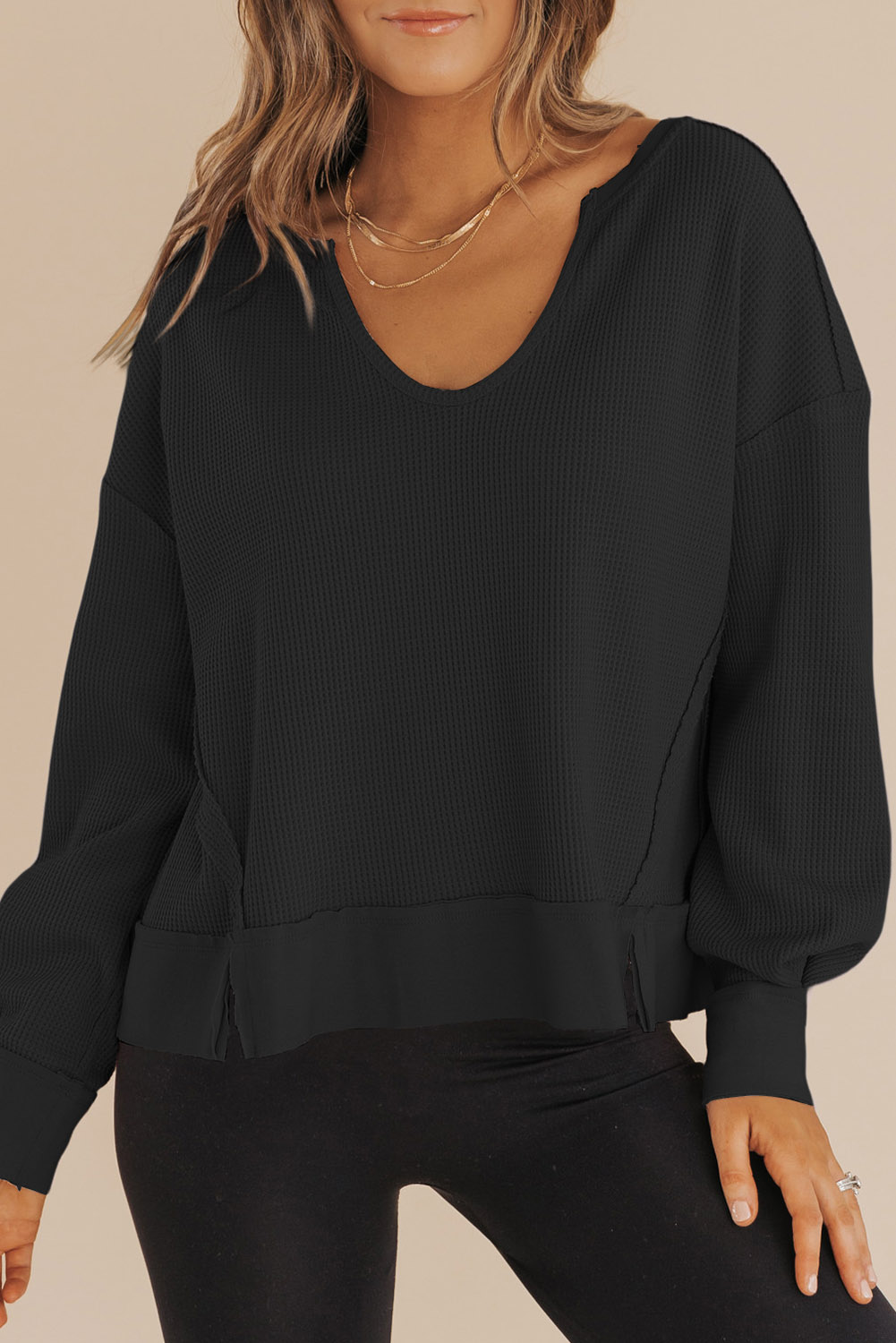 Dark Brown Waffle Knit Notched V Neck Drop Shoulder Solid Sweatshirt - loveforevers