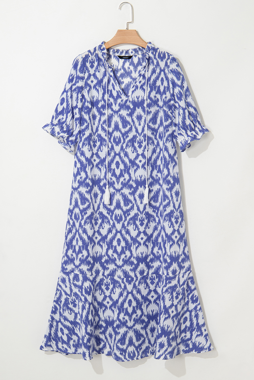 Sky Blue Geometric Print V Neck Casual Long Dress - loveforevers