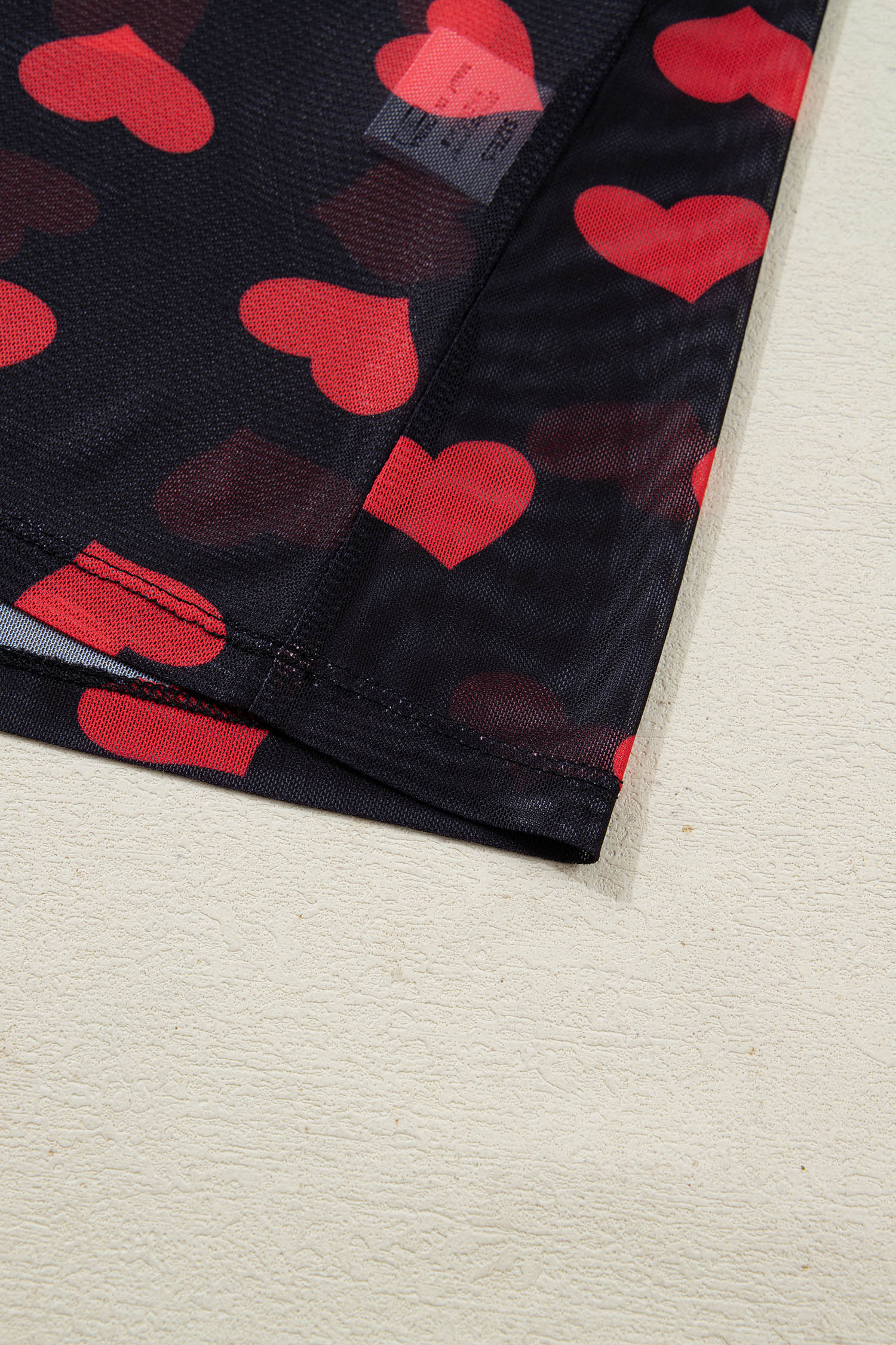 Black Valentines Heart Printed Sheer Mesh Long Sleeve Top - loveforevers