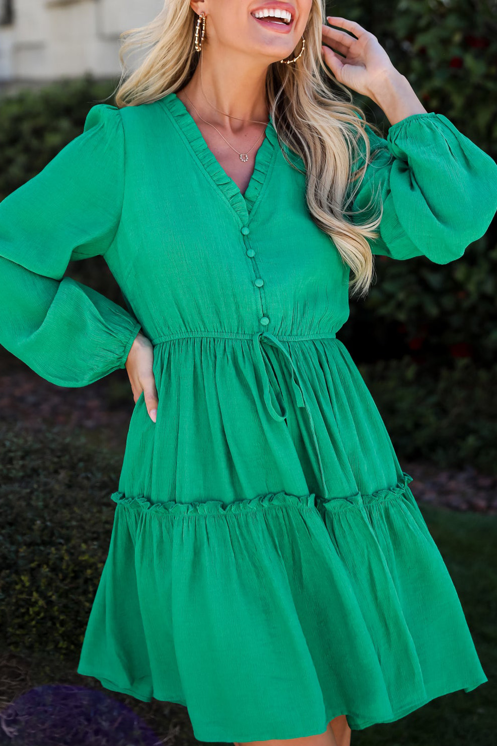 Sea Green Frilly V Neck Puff Sleeve Drawstring Shift Mini Dress - loveforevers