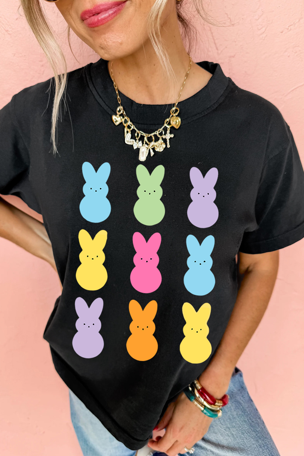 Black Easter Rabbit Print Crew Neck T Shirt - loveforevers