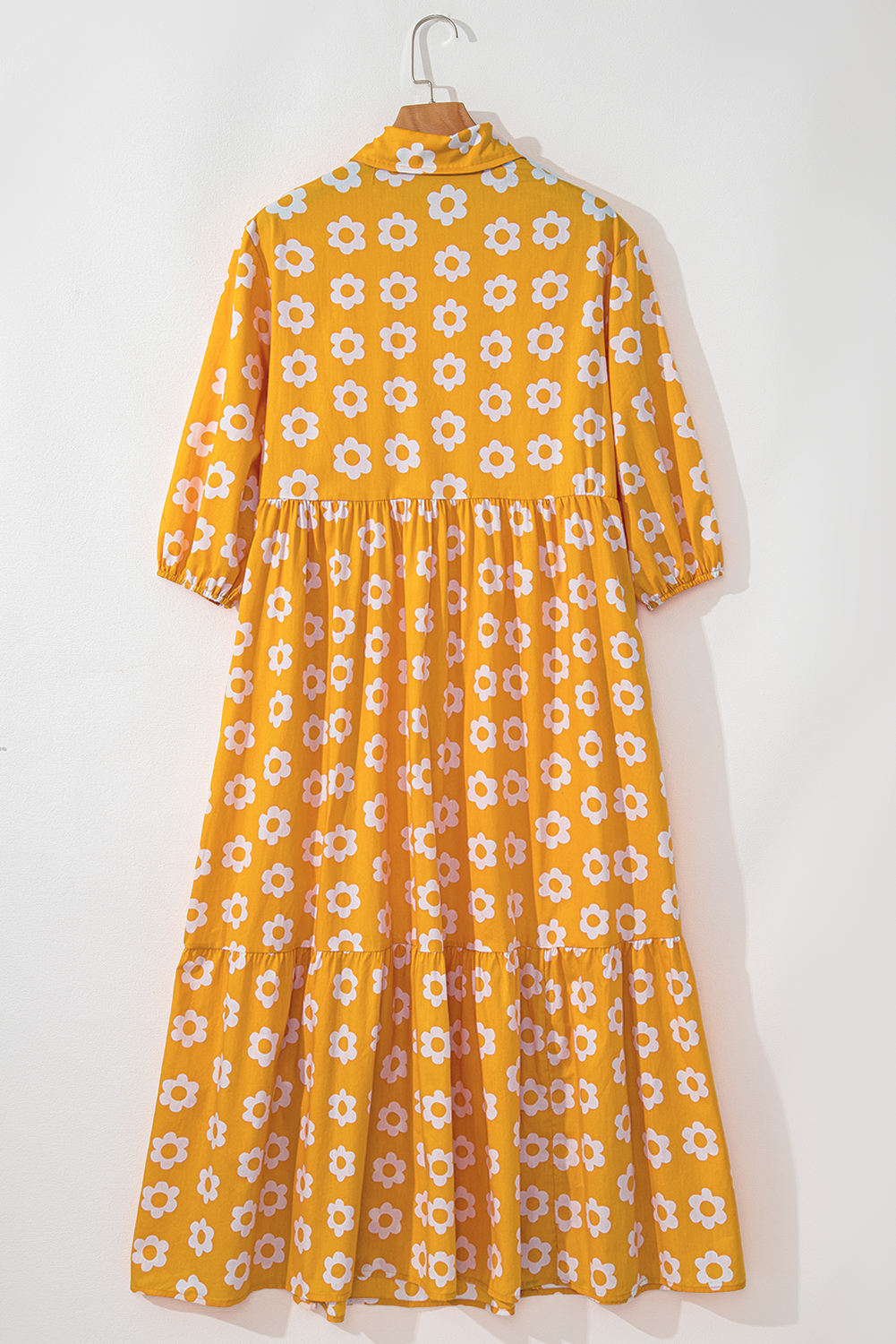 Yellow Flower Print Bracelet Sleeve Buttons Collared Maxi Dress - loveforevers