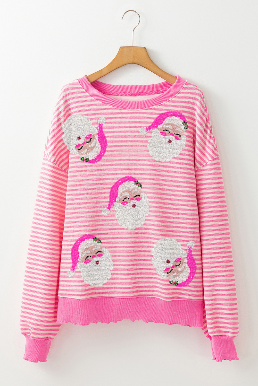 Pink Stripe Santa Clause Print Drop Shoulder Long Sleeve Loose Top - loveforevers