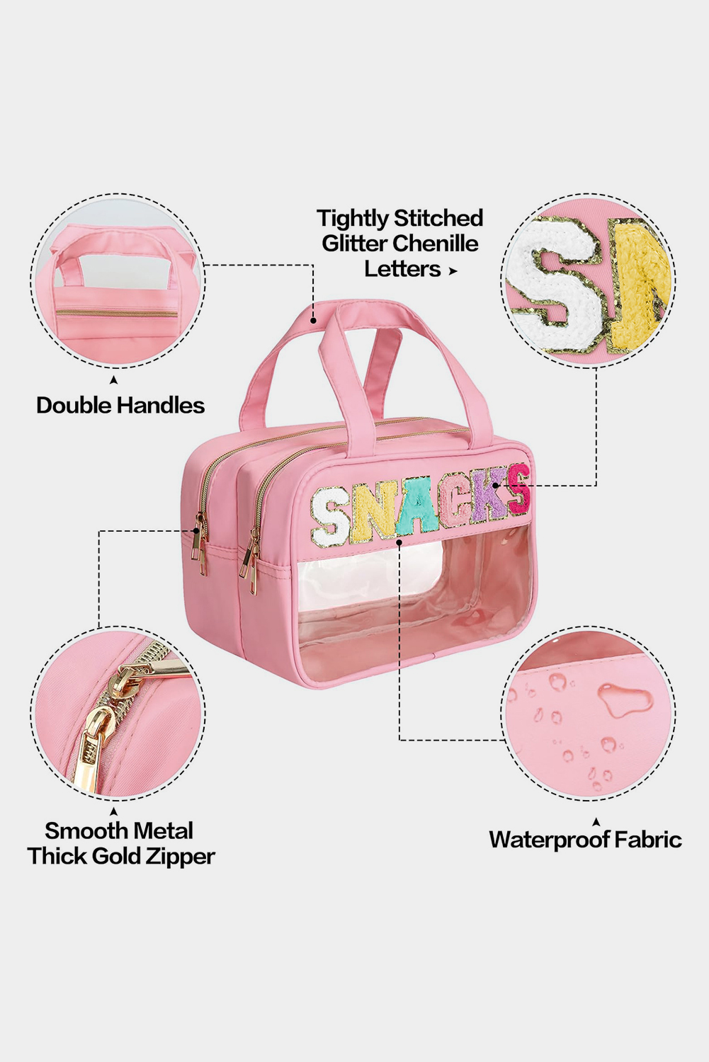 Pink SNACKS Clear PVC Double Layered Portable Bag - loveforevers
