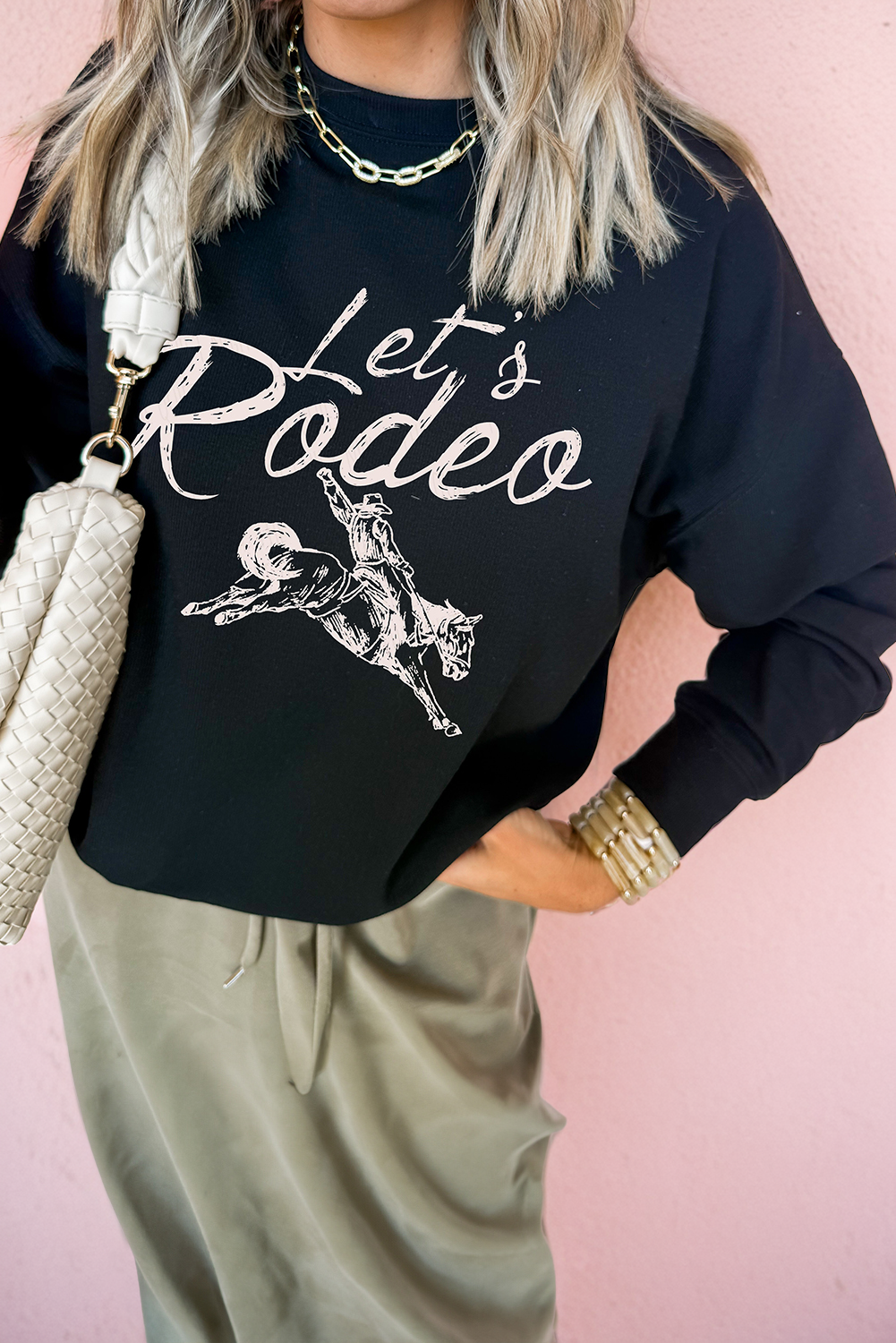 Black Lets Rodeo Western Print Pullover Sweatshirt - loveforevers