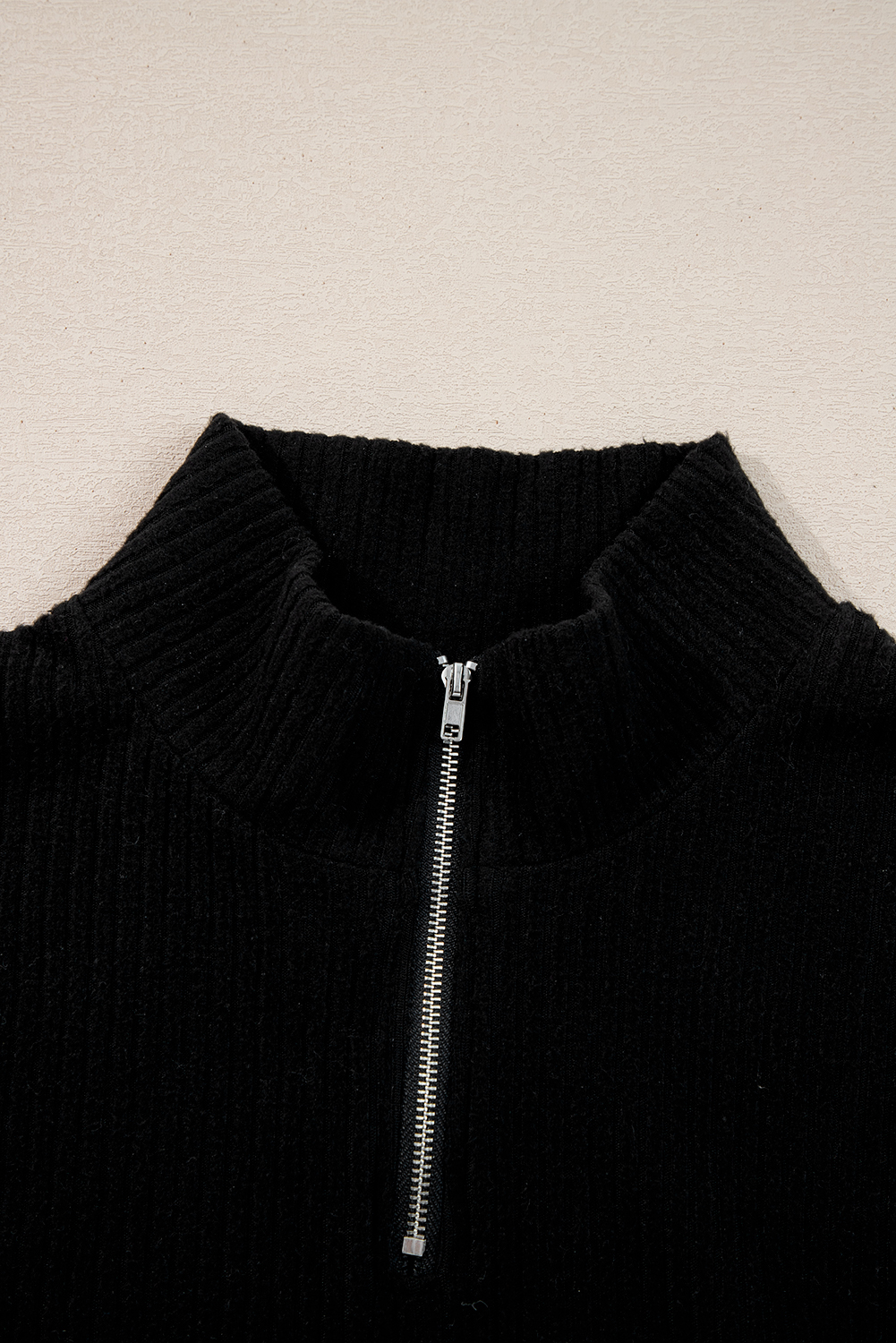 Black Ribbed Zip Stand Neck Drop Shoulder Pullover Bodycon Skirt 2pcs Set - loveforevers