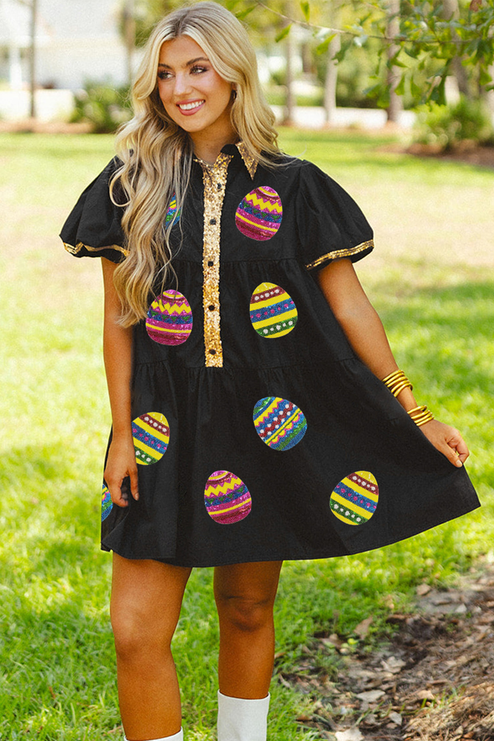 Black Sequin Trim Bubble Sleeve Game Day Shirt Dress - loveforevers