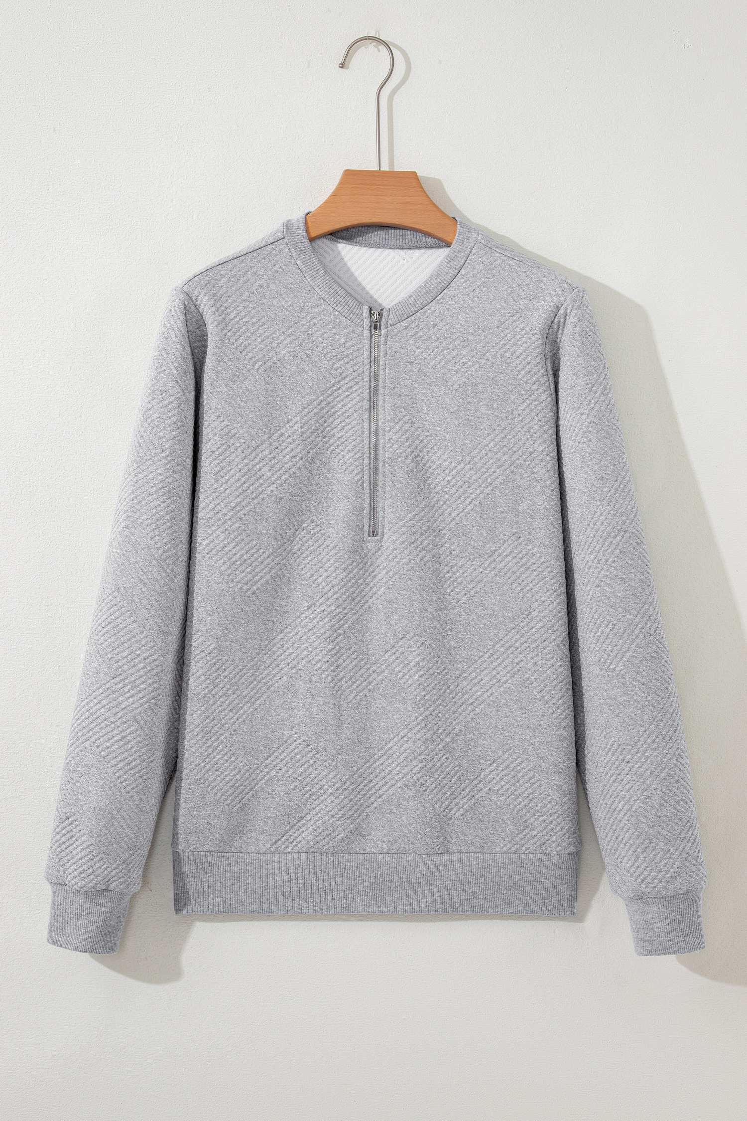 Medium Grey Trendy Textured Half Zip Loose Sweatshirt - loveforevers