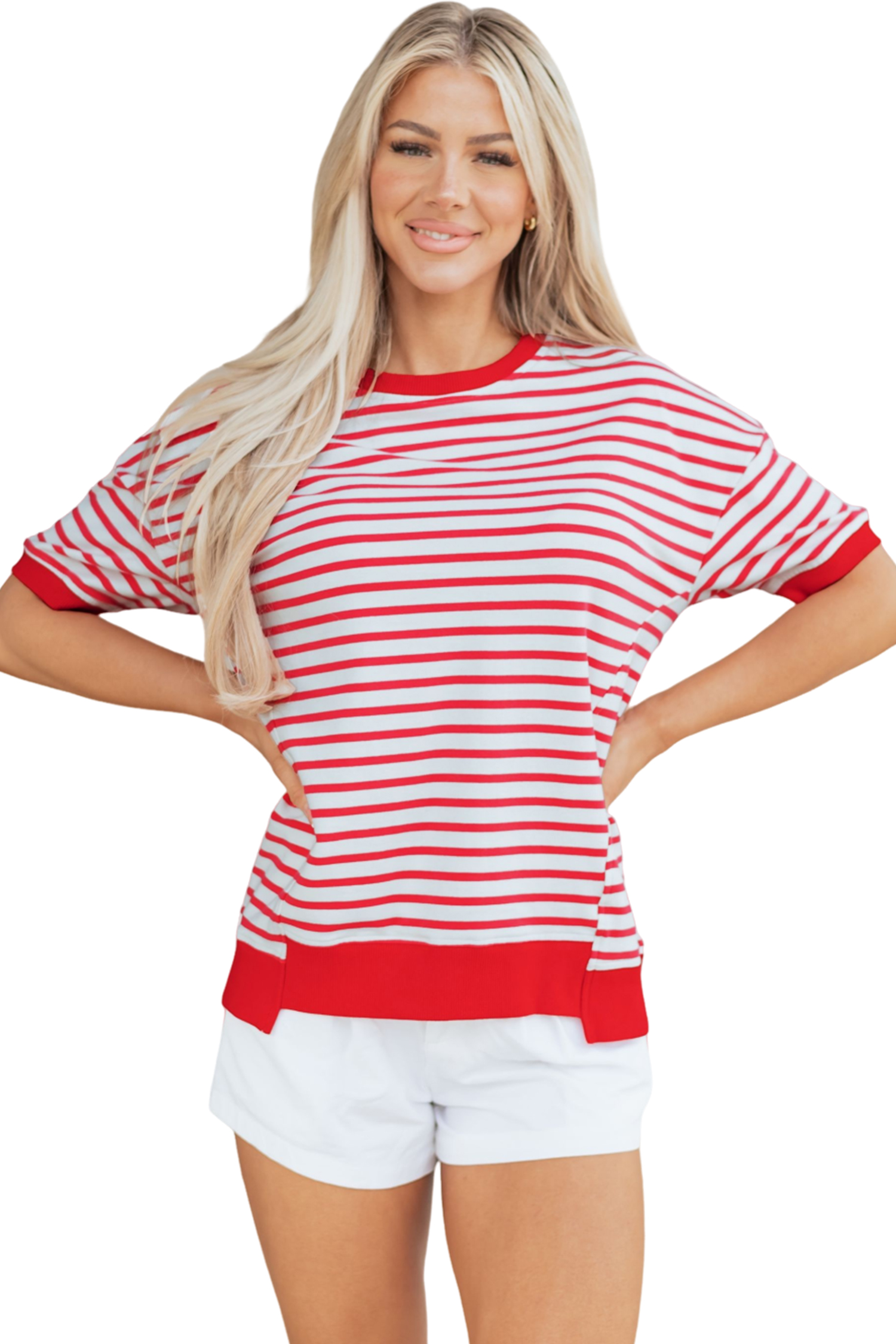 Red Stripe Drop Shoulder Half Sleeve T Shirt - loveforevers