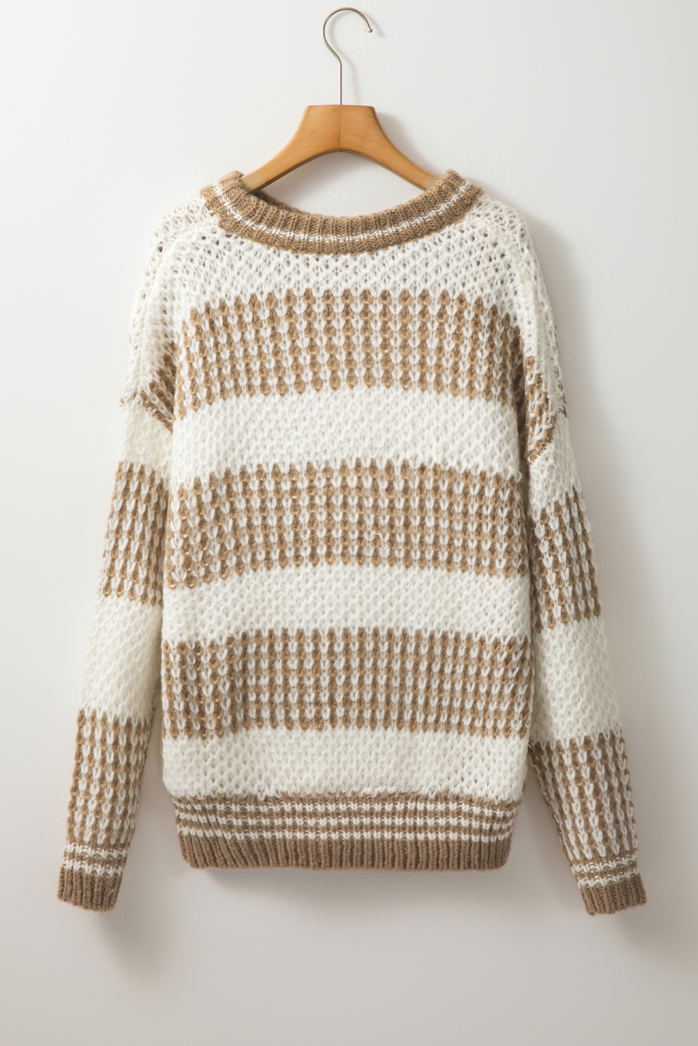 Brown Stripe Drop Shoulder Round Neck Loose Sweater - loveforevers