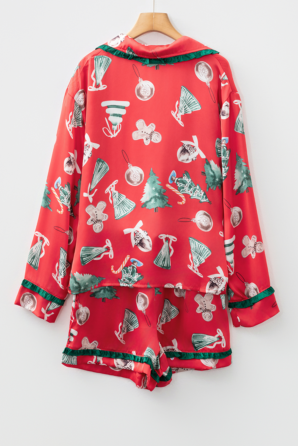 Red Christmas Fashion Print Contrast Ruffle Trim Ribbon Bow Knot 2pcs Pajama Set - loveforevers