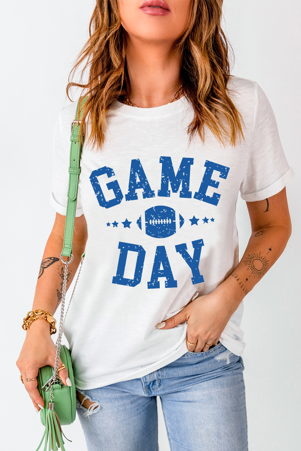 White GAME DAY Rugby Football Graphic Crewneck T Shirt - loveforevers