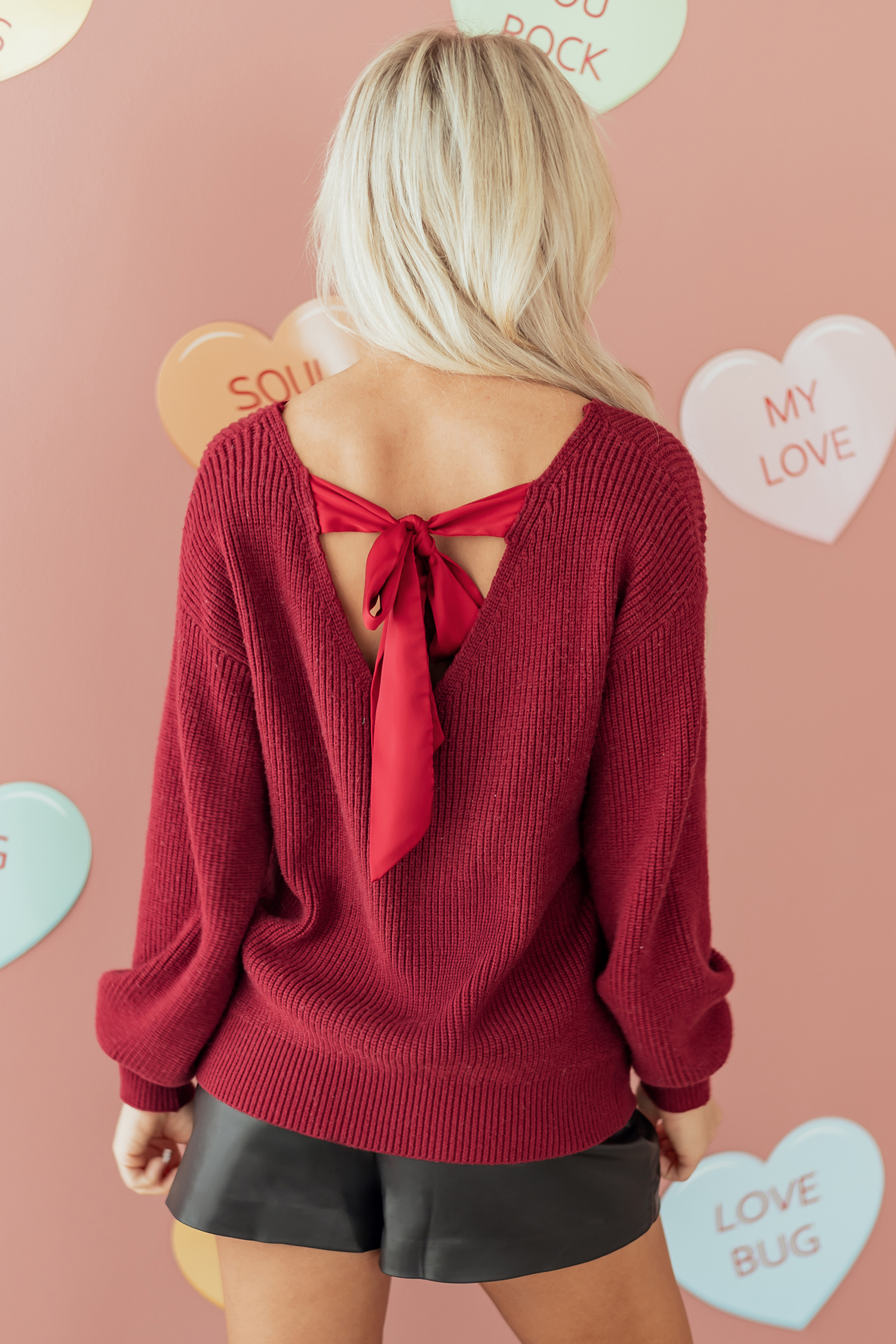 Black Ribbed Knit Ribbon Knot Backless Drop Shoulder Sweater - loveforevers