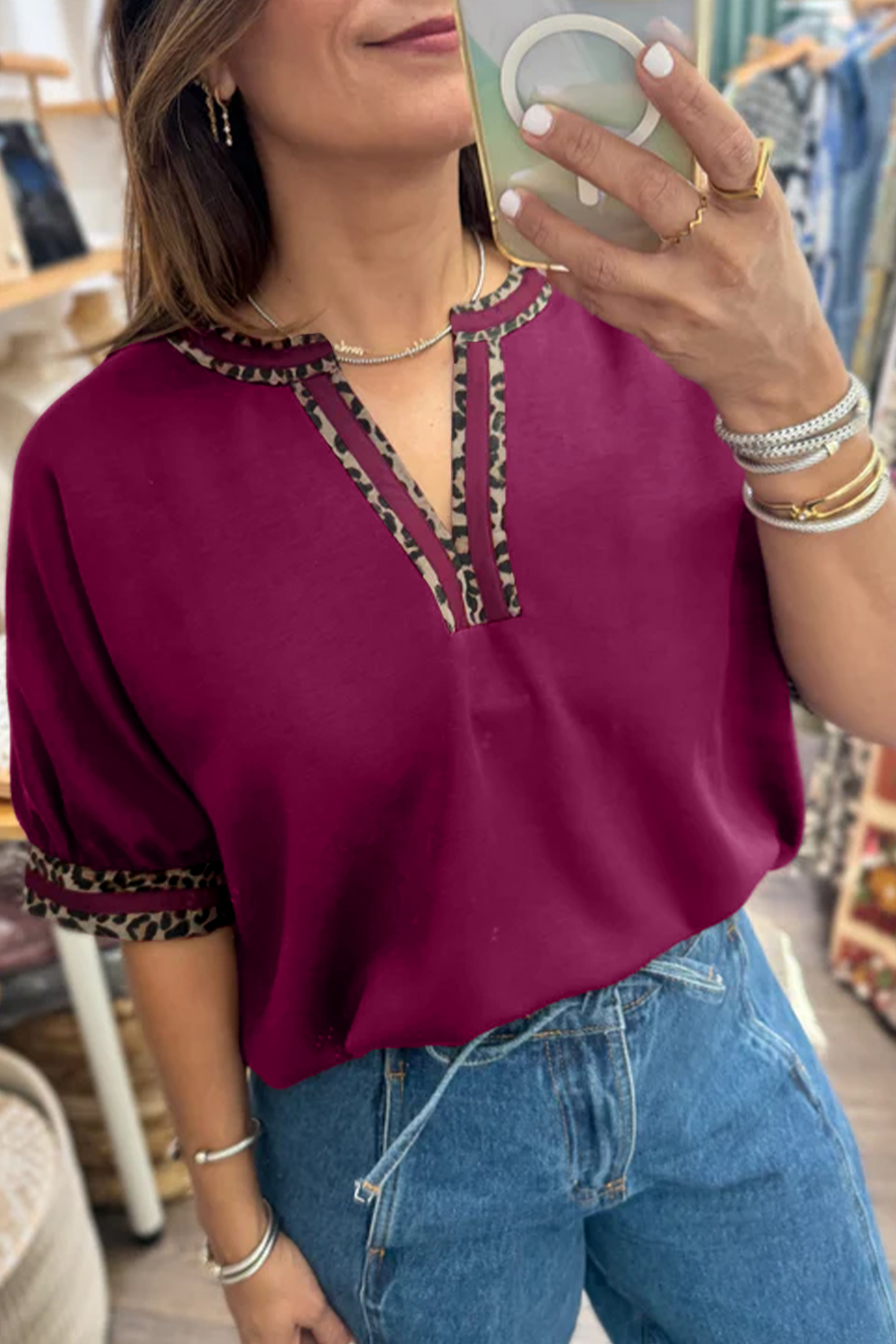 Red Dahlia Contrast Leopard Trim V Neck Short Sleeve Blouse - loveforevers