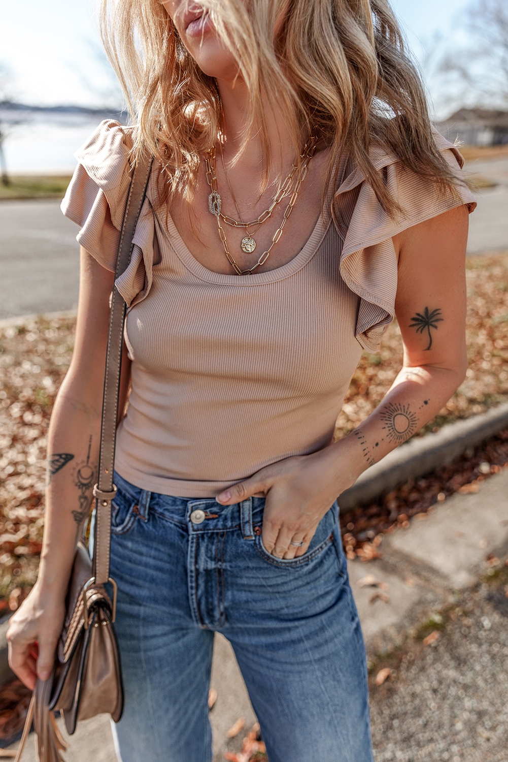 Smoke Gray Ribbed Knit Ruffled Shoulder Slim Fit Tank Top - loveforevers