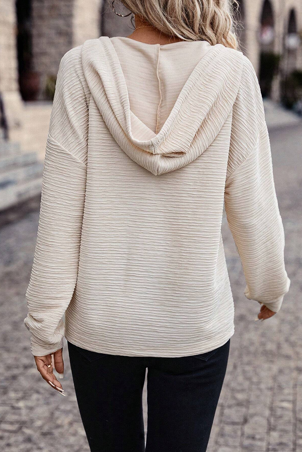 Apricot Solid Textured Drawstring Henley Hoodie - loveforevers