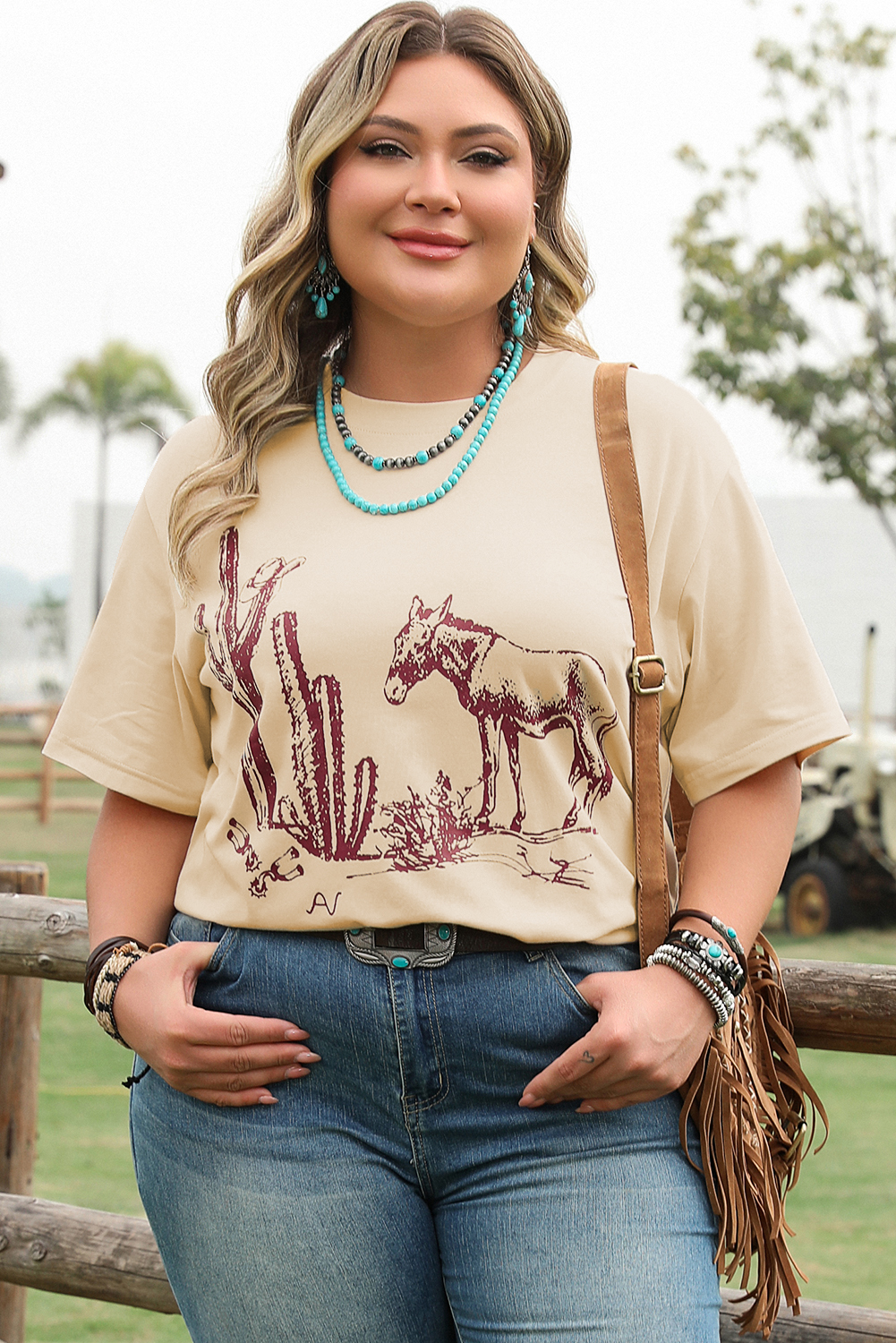 Parchment  Western Burro Cactus Crew Neck Graphic Tee - loveforevers