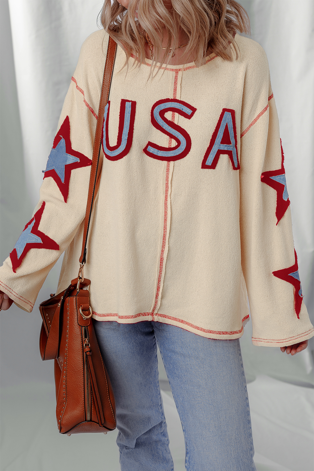 Beige USA Star Contrast Patchwork Exposed Seam Long Sleeve Top - loveforevers