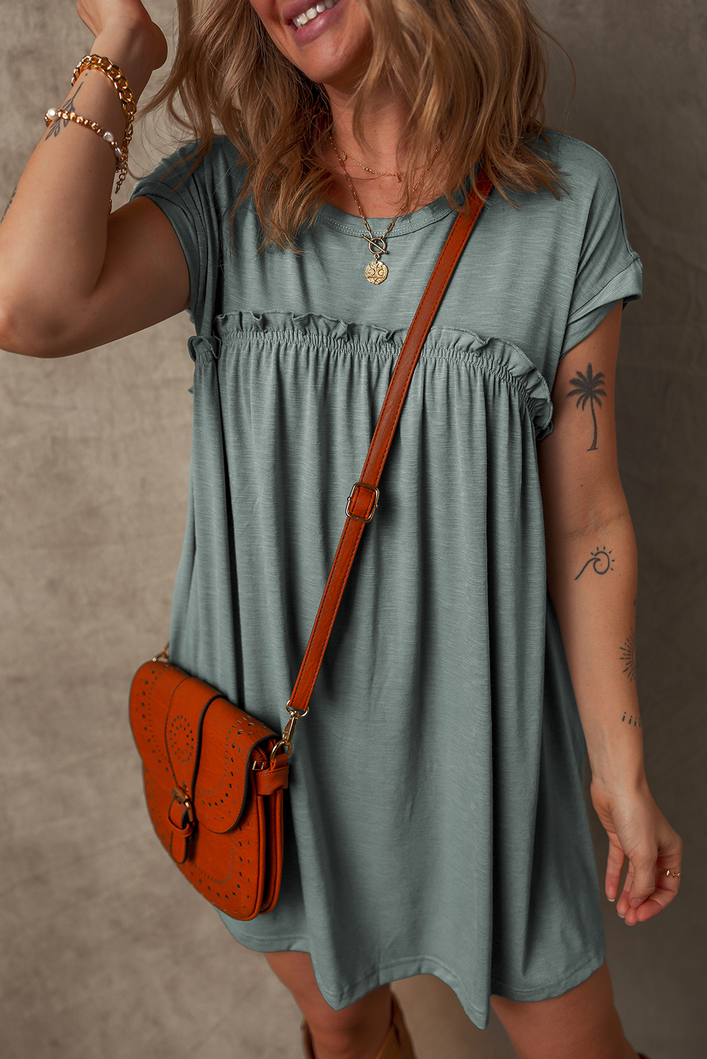 Mist Green Frilled Gathered Seam Round Neck T Shirt Dress - loveforevers