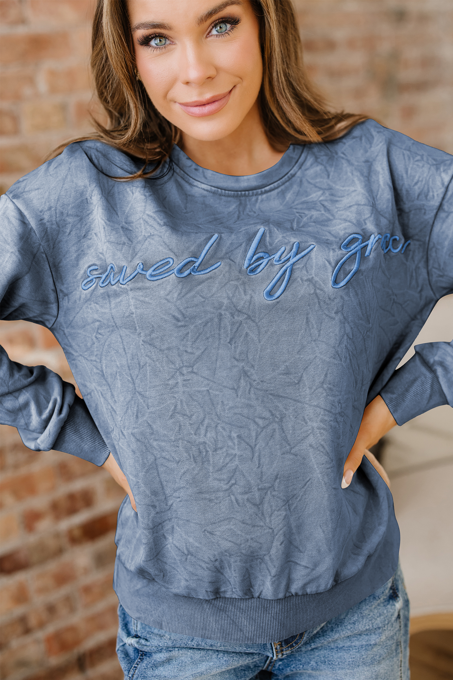 DUNE saved by grace Letter Embroidery Mineral Wash Loose Sweatshirt - loveforevers