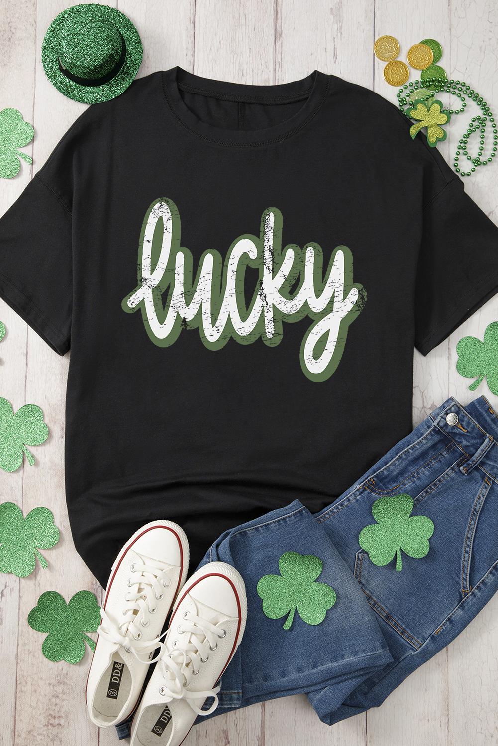 Black St Patricks Day lucky Cracked Letter Graphic T Shirt - loveforevers