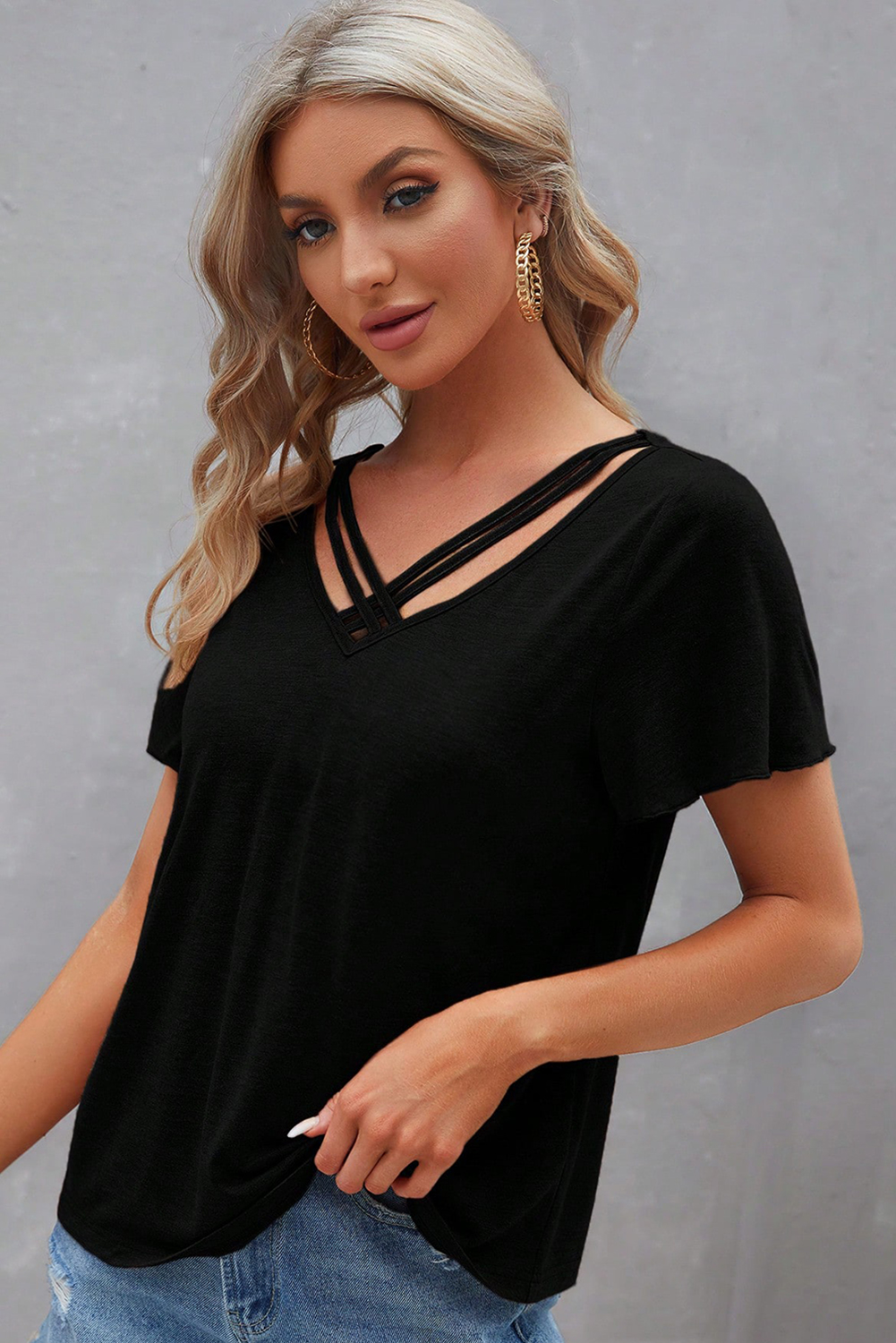 Black Crisscross V Neck Butterfly Sleeve T Shirt - loveforevers