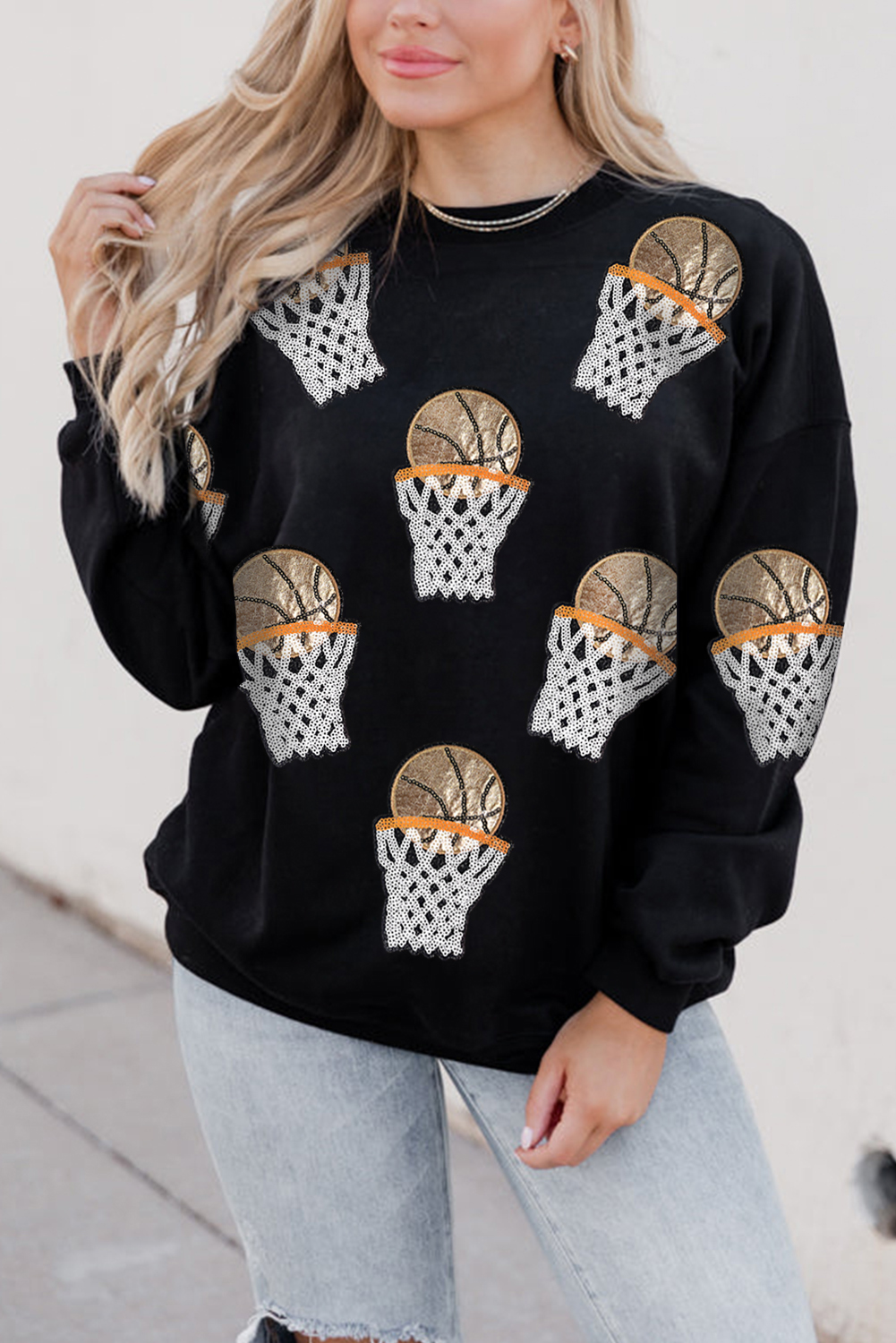 Black Sequin Basketball Patched Graphic Game Day T Shirt - loveforevers