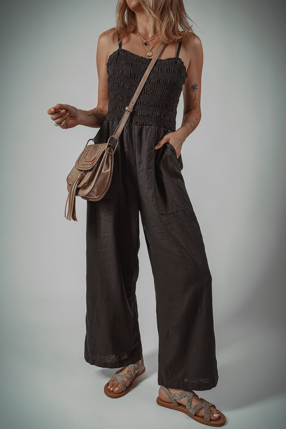 Black Spaghetti Straps Shirred Bodice Pocketed Wide Leg Jumpsuit - loveforevers