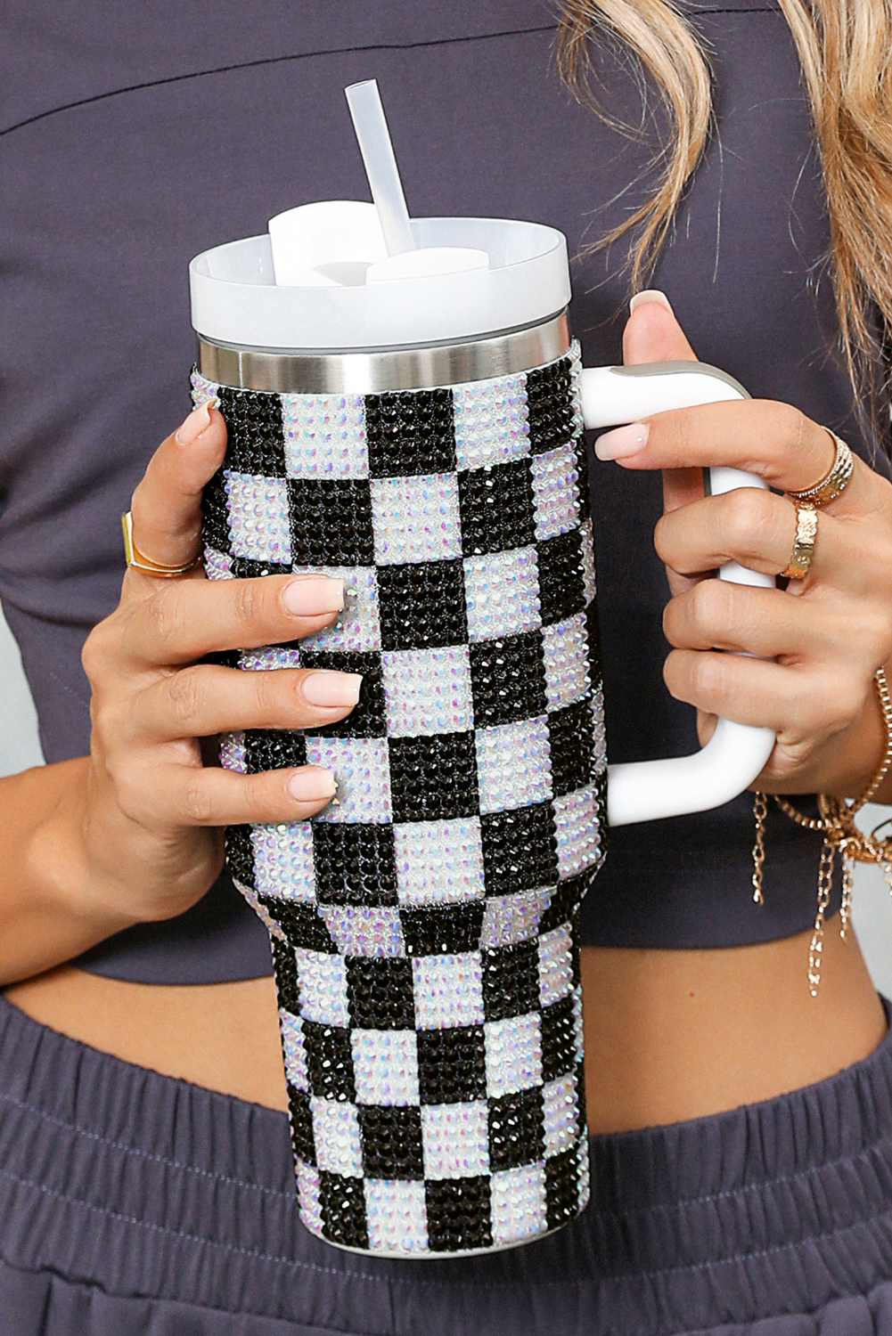 Black Full Rhinestone Checkerboard Handled Tumbler 40oz - loveforevers