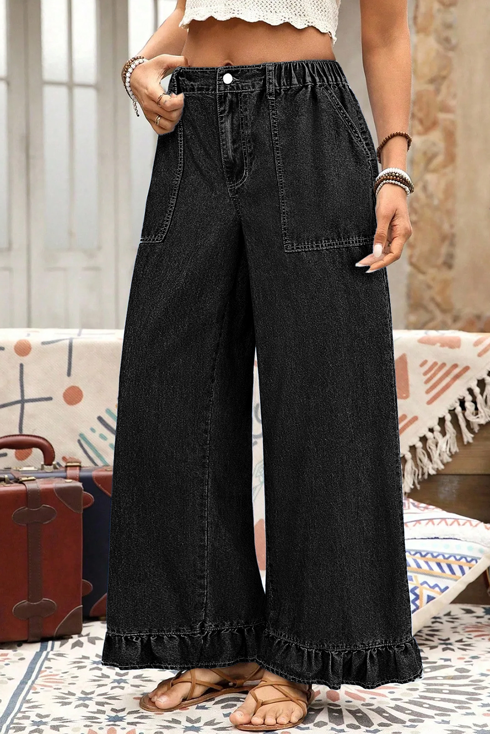 Black Plus Size Elastic Waist Ruffled Wide Leg Denim Pants - loveforevers