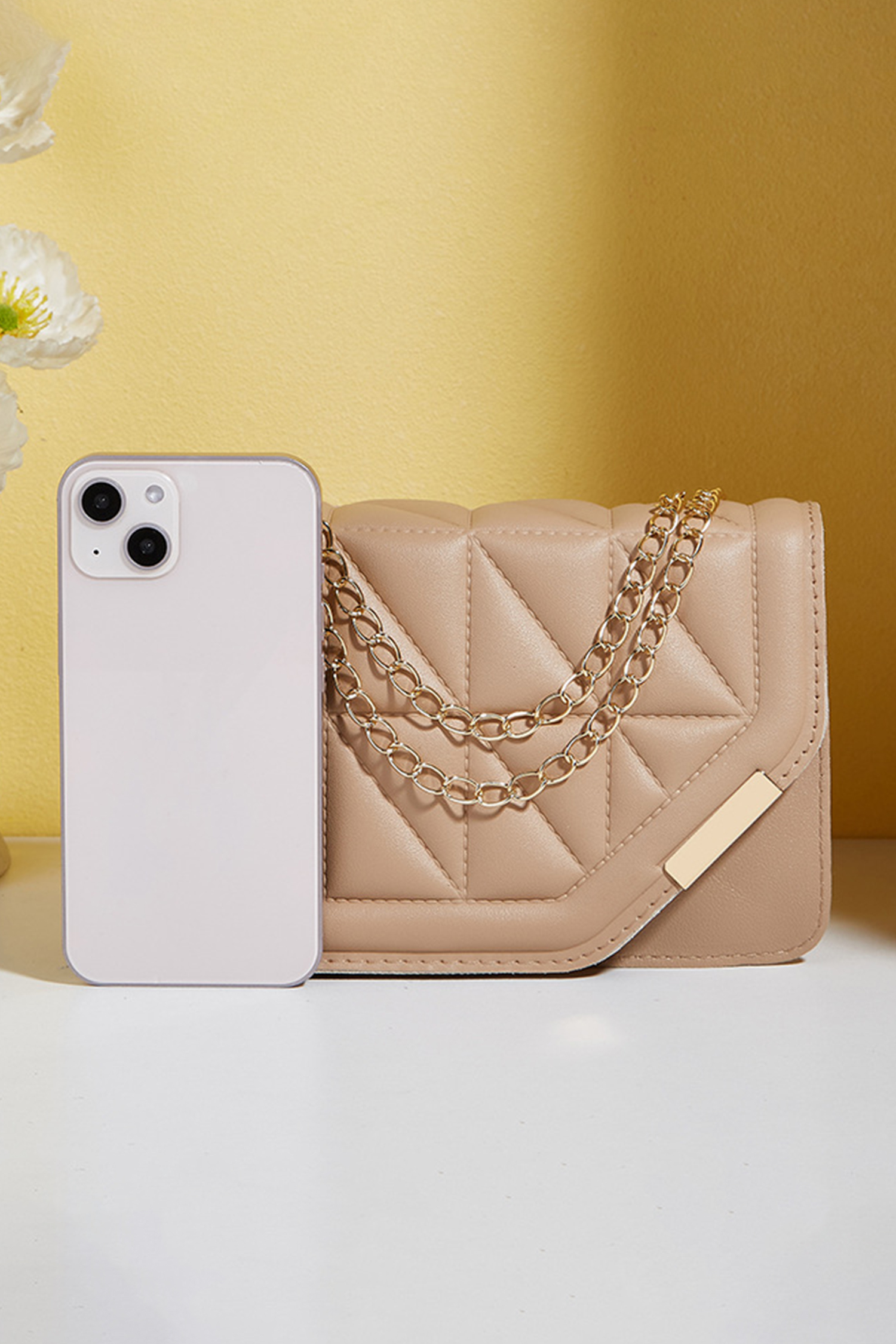 Khaki PU Leather Quilted Texture Asymmetric Cover Chain Strap Square Shoulder Bag - loveforevers