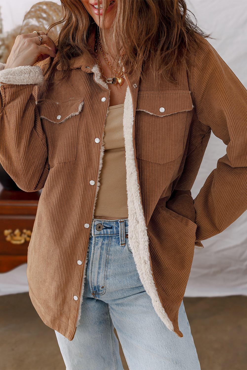 Cinnamon Fleece Lined Buttoned Flap Pockets Corduroy Jacket - loveforevers