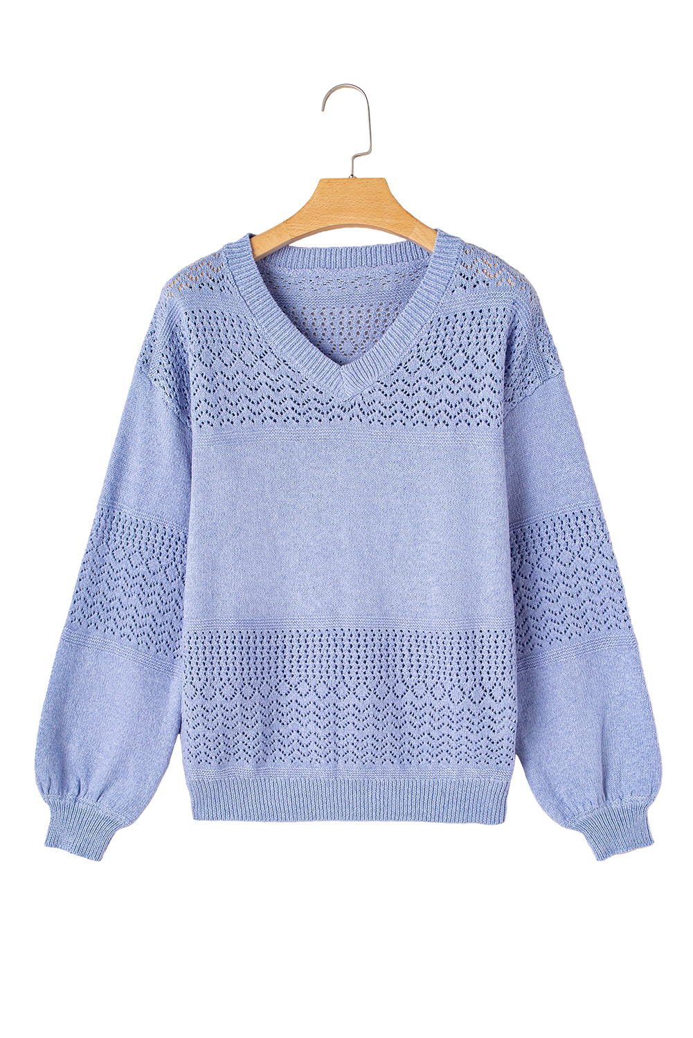 Sky Blue Eyelet Pattern Detail V Neck Drop Shoulder Sweater - loveforevers