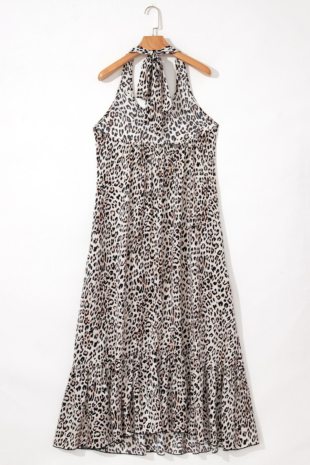 Brown Leopard Printed Halter Neck Backless Ruffled Hem Maxi Dress - loveforevers