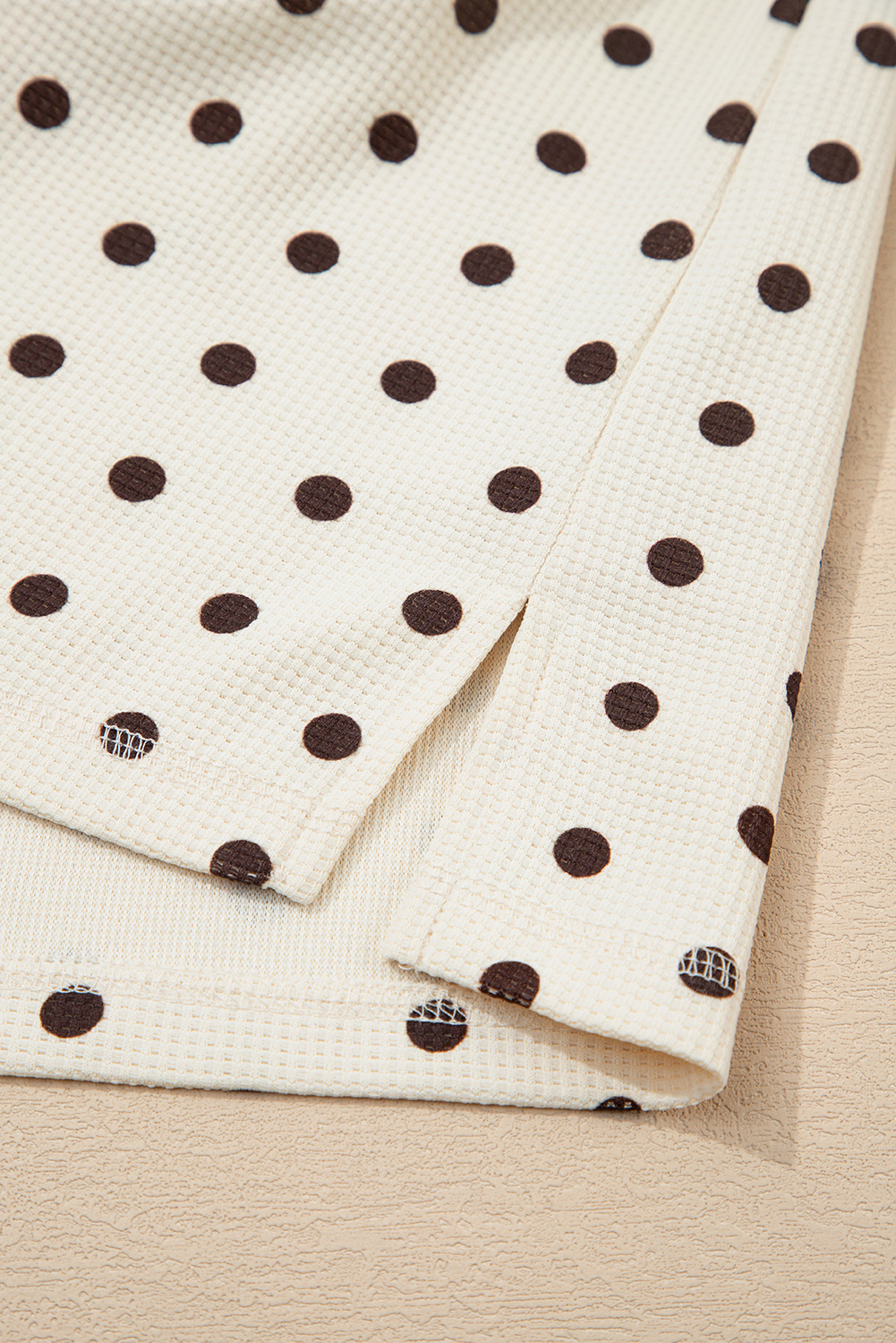 White Polka Dot Print Notched Neck Long Sleeve Top Drawstring Jogger Pants Waffle Knit Lounge Set - loveforevers