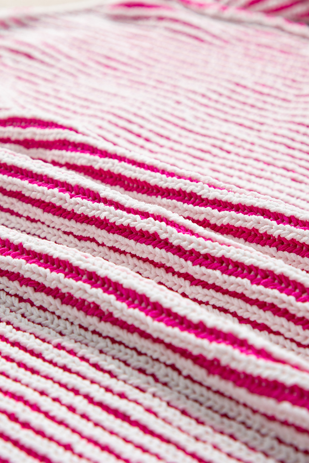 Bright Pink Striped Textured Knit Contrast Edge Loose Sweater - loveforevers